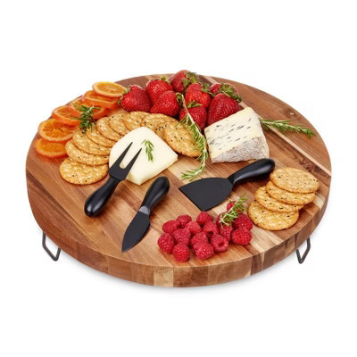 Twine Acacia Cheese Board and Knife Set, Footed Cheese Snack Tray and Cheese Knives Set Cooking Accessories, 16inch Diameter | Target