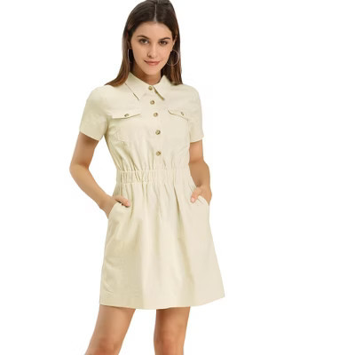 Allegra K Women's Short Sleeve Safari Button Front Mini Shirt Dress Khaki Medium | Target