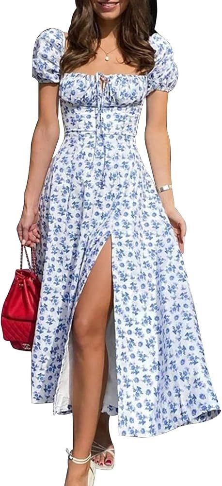 Linsery Women's Puff Sleeve Split A-Line Maxi Dress Elegant Floral Print Ruched Long Dress | Amazon (US)