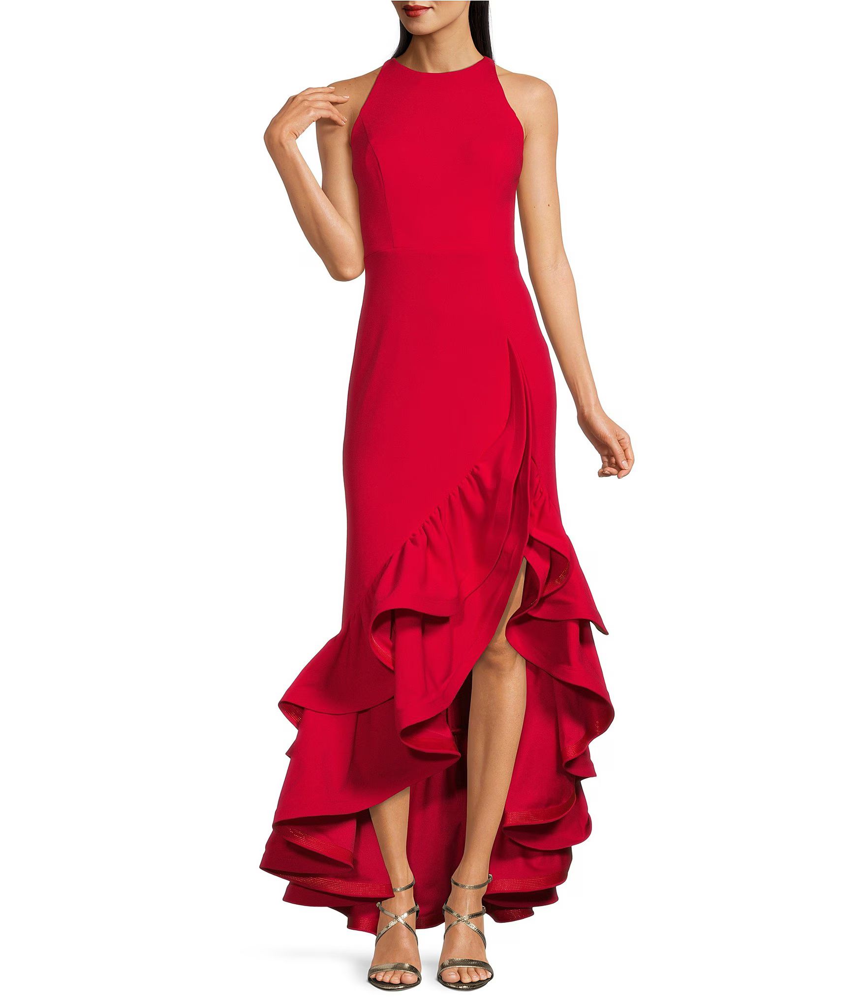 Round Neck Sleeveless Ruffle High-Low Stretch Crepe Gown | Dillard's