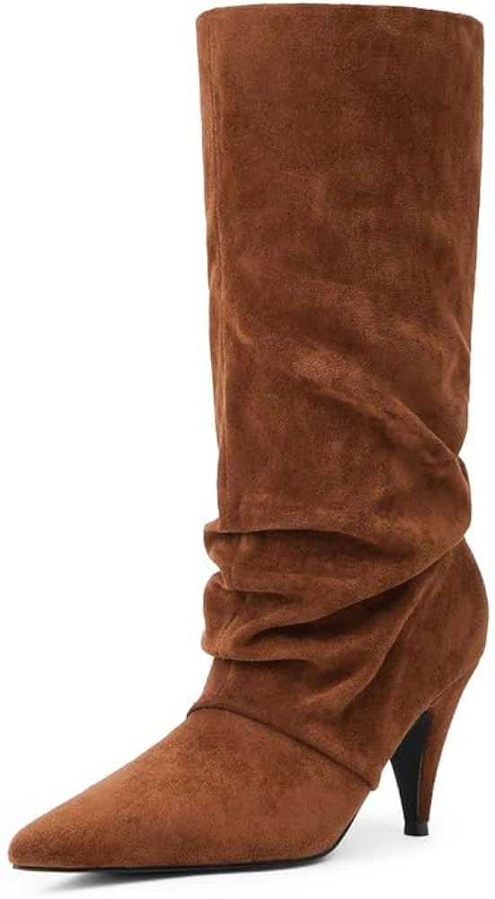 Modatope Slouchy Mid Calf Boots for Women Pointed Toe Chunky Heel Boots Faux Flod Over Slip on Wo... | Amazon (US)