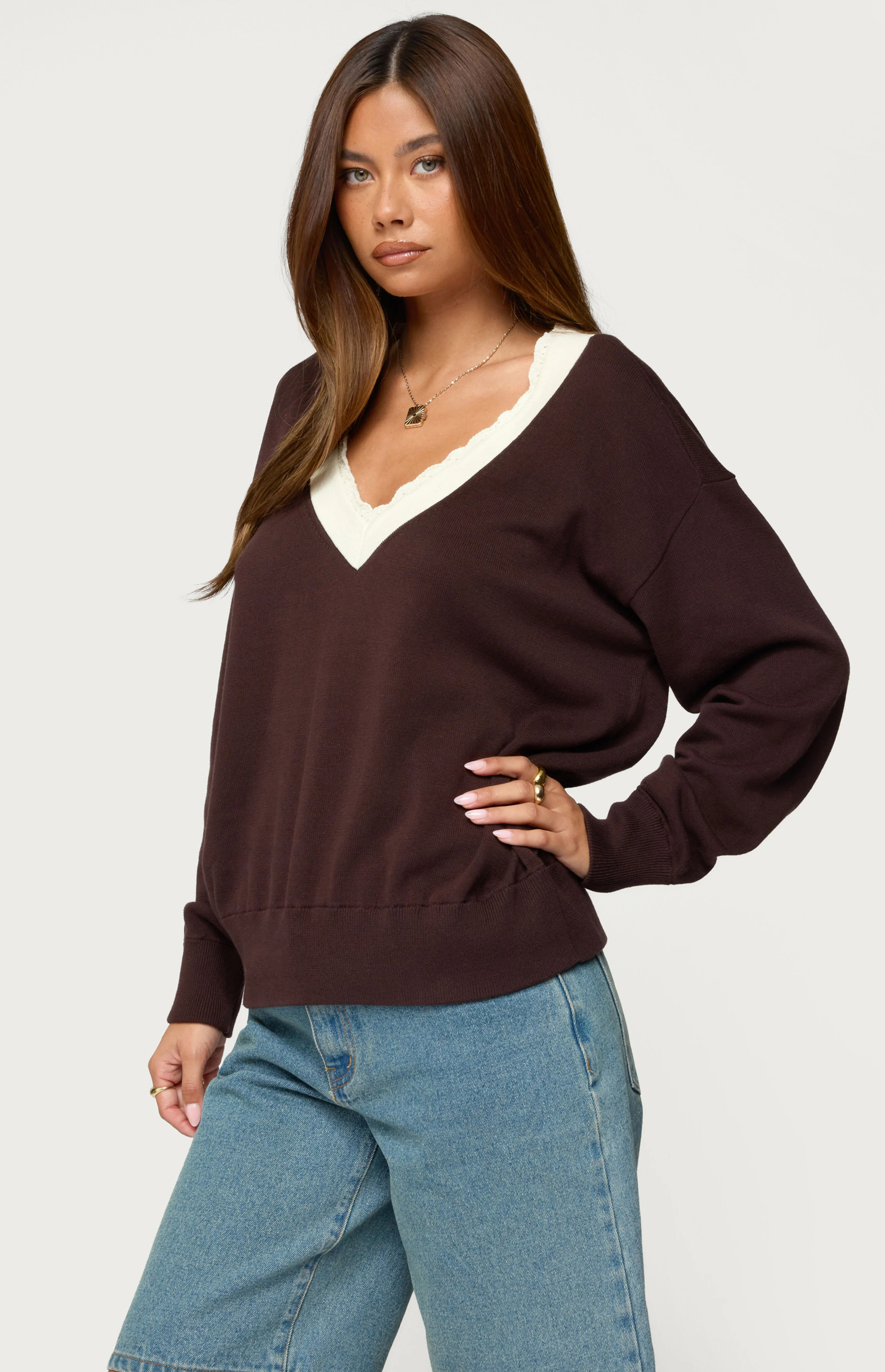 Edikted Marie Contrast Lacey V Neck Sweater | PacSun