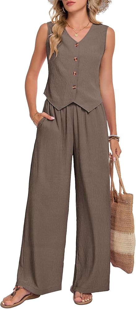 MOLERANI Womens 2 Piece Sets Summer Casual Linen Button V Neck Vest Blazer Wide Leg Pants Suits V... | Amazon (US)