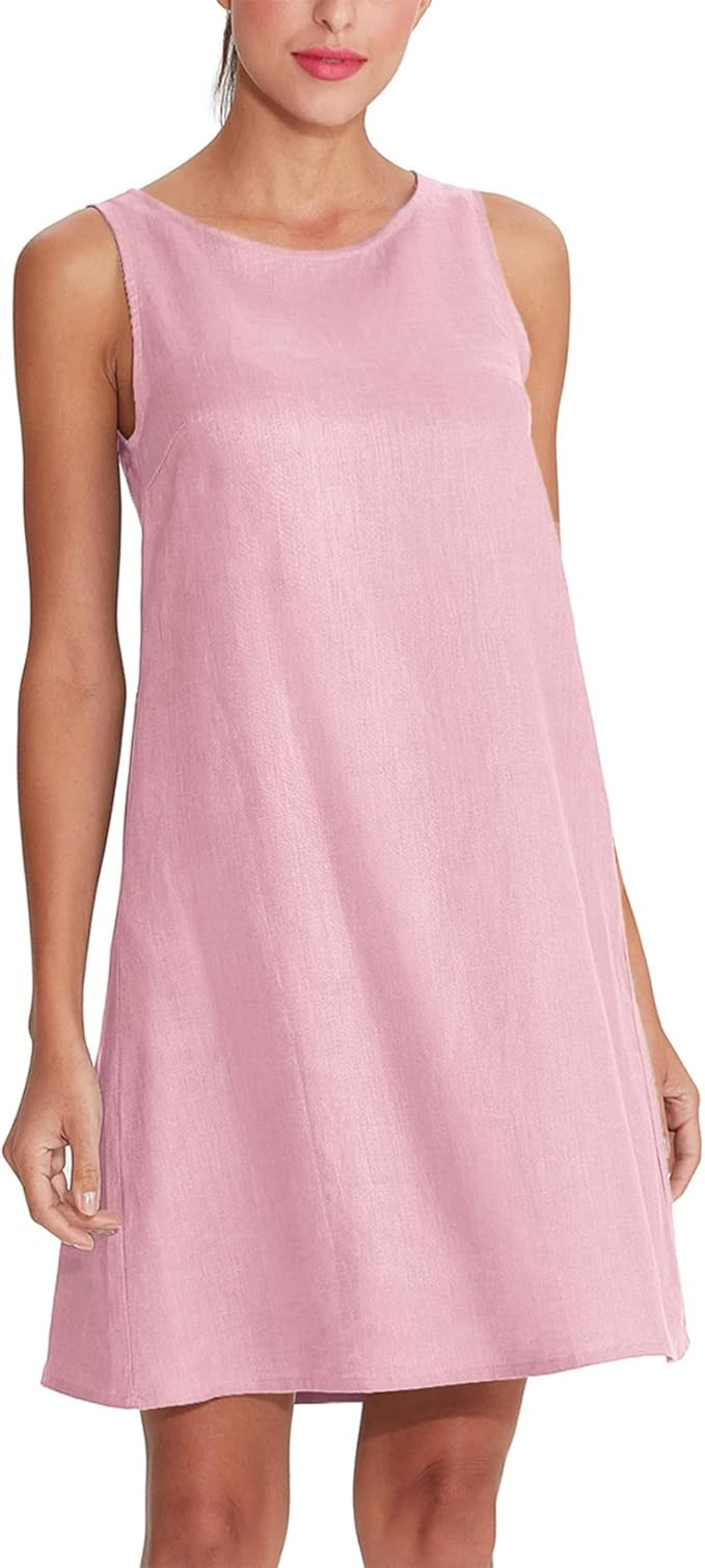 Amazhiyu Women's Linen Sleeveless Shift Dress with Pockets Crew Neck Casual Tank Dress | Amazon (US)