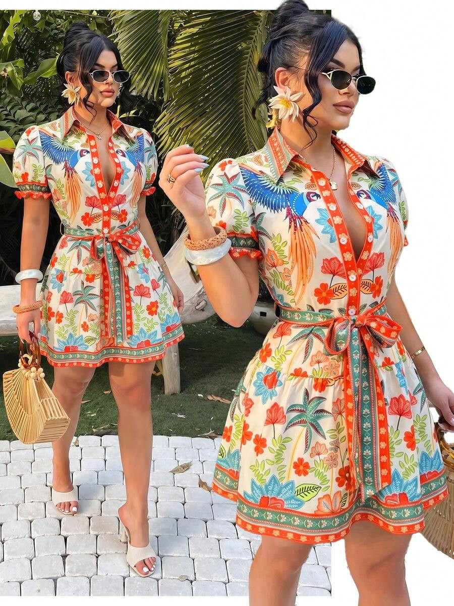 SHEIN SXY Bohemian Tropical Print A-Line Dress, Women's Summer Holiday Vacation Outfits, Beige Fr... | SHEIN