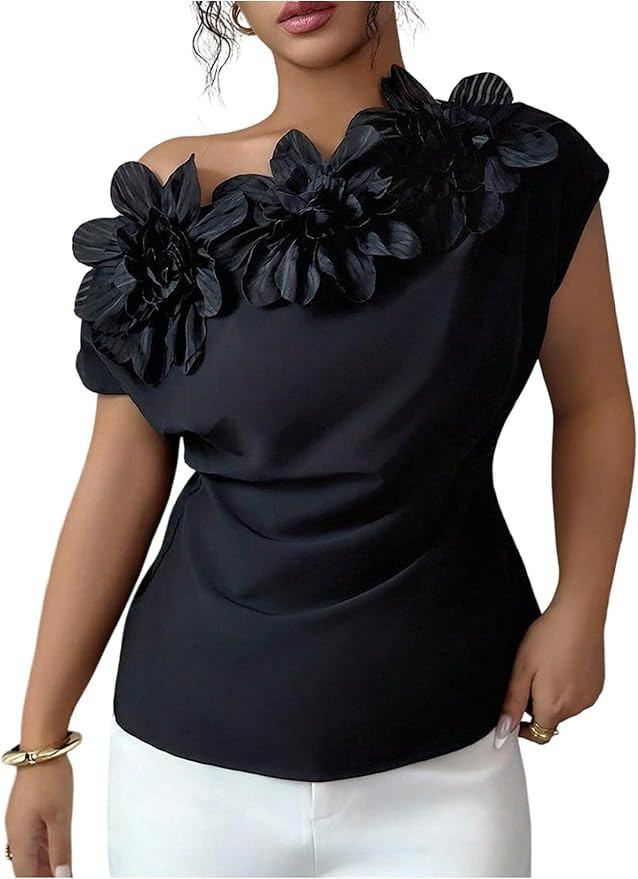 OYOANGLE Women's 3D Floral Off The Shoulder Cap Sleeve Blouse Casual Elegant Cocktail Dressy Tops... | Amazon (US)