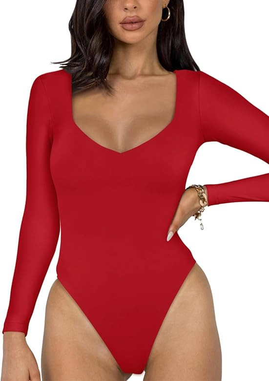 REORIA Women's Basic Sexy V Neck Double Lined Long Sleeve Slimming Going Out Thong Bodysuits Tops | Amazon (US)