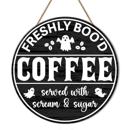 Halloween Coffee Bar Decor Sign for Home Kitchen, Halloween Freshly Booed Coffee Sign for Cafe Concer Ghost Decoration, 11.8 X 11.8 inches | Amazon (US)