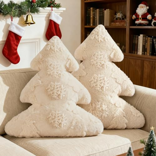 Lanpn Christmas Tree Pillows Set of 2, Snowflake & Tree Christmas Decoration Winter Soft Cute 3D Shaped Xmas Tree Throw Cushion for Sofa Bedroom Xmas Decor (18x16 inch, Beige) | Amazon (US)