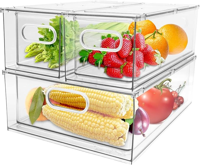 3 Pack Refrigerator Organizer Bins with Pull-out Drawer Stackable Clear Fridge Drawer Organizer F... | Amazon (US)