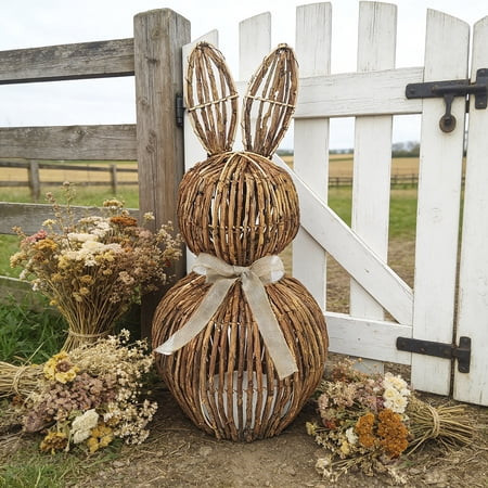 Wicker Easter Bunny Spring Outdoor Porch Decoration Wicker Bunny Topiaries DIY Handcrafted Rattan Rabbits with Gold Ribbon Bow, Easter Egg Hunt Displays, Farmhouse Table, Mantel, Entryway Door Decor | Walmart (US)