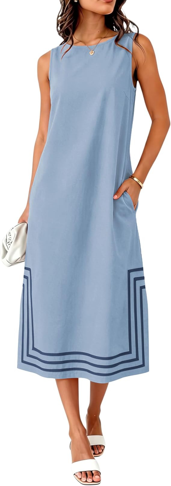 Womens Boho Linen Maxi Dress Sleeveless Split Sundress Color Block A-Line Coverups Beach Vacation... | Amazon (US)