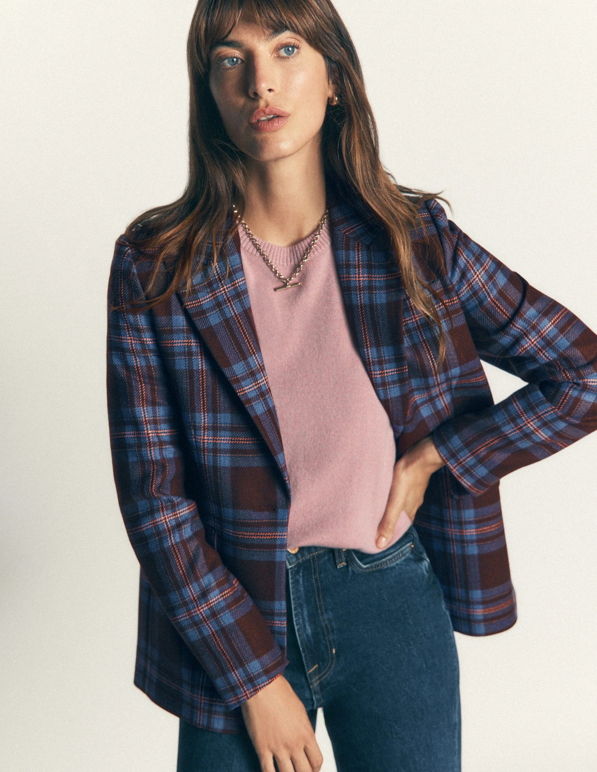 Woodbridge Wool Blend Blazer-Brown, Blue and Pink Check | Boden (US)