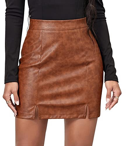 FEOYA Leather Slit Skirt Brown Skirt for Women Faux Leather Skirts for Women Small | Amazon (US)