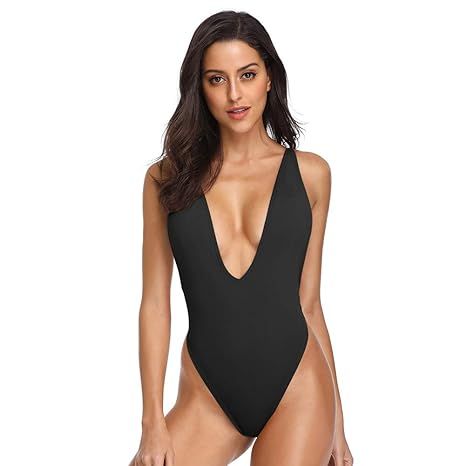 Dixperfect Women's Sexy Deep V-Neck One Piece Bathing Suit Plunge Side Scoop Swimsuit Monokini | Amazon (US)