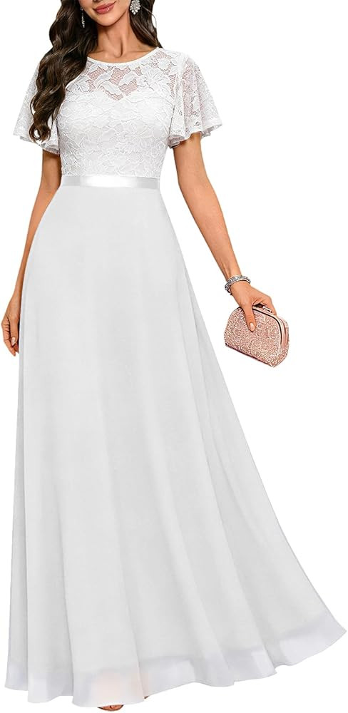 DRESSTELLS Womens Formal Dresses for Wedding Guest Prom Ruffle Sleeve Lace Maxi Dress Evening Gow... | Amazon (US)