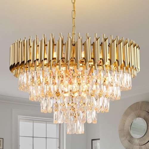 AKDXIRUN 24 inch gold 5-tier K9 crystal round chandelier, a dupe for the RH Odeon round chandelier