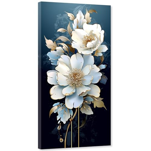 ARTZGX Abstract Flower Wall Art Canvas Gold and White Floral Pictures Navy Blue Background Painting for Living Room Decor Frame(Gold 12.00"x24.00") | Amazon (US)