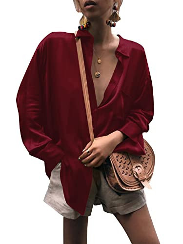 LYANER Women's Satin Collar Neck Button Down Long Sleeve Blouse Shirt Tunic Top Burgundy X-Large | Amazon (US)