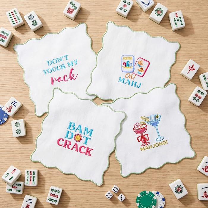 4 Pcs 6" Mahjong Cocktail Napkins, Mahjong Accessories Gifts, Scalloped Edged Embroidered Napkins... | Amazon (US)