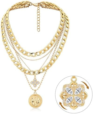 MJartoria Gold Layered Necklaces for Women Trendy Retro Coin Pendant Necklace Dainty Chunky Chain... | Amazon (US)