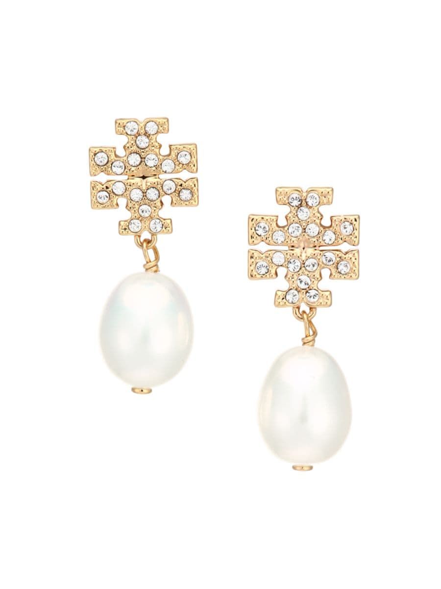 Tory Burch Goldtone, Crystal &amp; Faux-Pearl Logo Drop Earrings | Saks Fifth Avenue