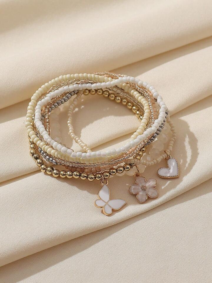 9pcs/Set Bohemian Style Handmade Beaded Multilayer Bracelet Set With Heart & Butterfly Decor, Sui... | SHEIN