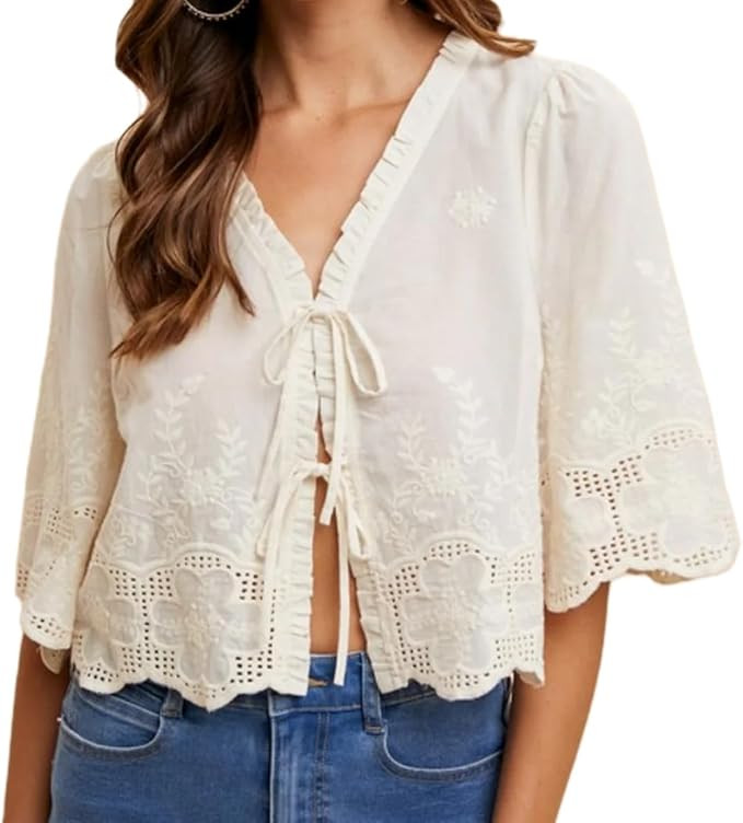 Women Lace Tie Front Top Ruffle Trim Long Sleeve Chiffon Cardigan Boho Flowy Coquette Peplum Shir... | Amazon (US)