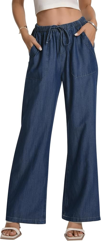 Women's High Waisted Wide Leg Jeans Drawstring Pull on Jeans for Womens Trendy Flowy Lightweight ... | Amazon (US)