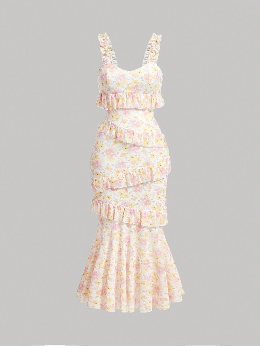 SHEIN MOD Yellow Floral Mesh Romantic Multilayer Ruffle Mermaid Hem Spaghetti Strap Maxi Plus Siz... | SHEIN