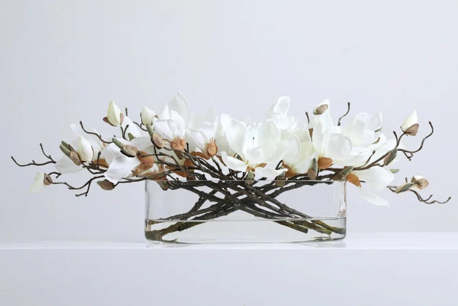 DarbyCreekTrading Fuchsia Blooms Floral Centerpiece Water Illusion Magnolia Arrangement in Vase |... | Wayfair North America