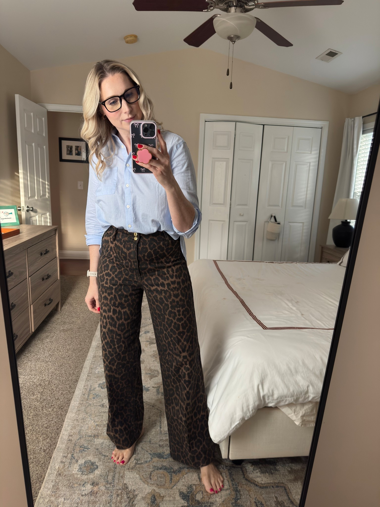 Work outfit, wfh outfit, leopard pants, blue button down 

#LTKWorkwear #LTKMidsize