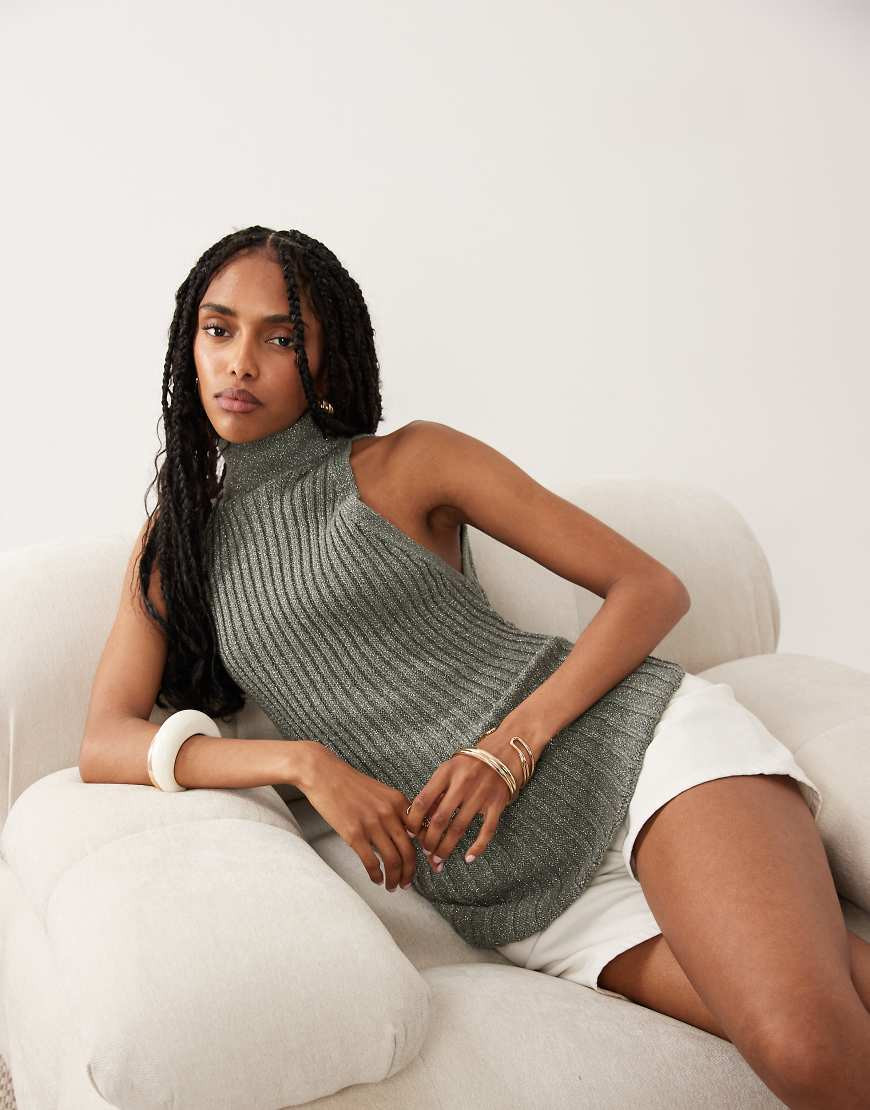 ASOS DESIGN metallic knitted asymmetrical halter top in khaki-Red | ASOS (Global)