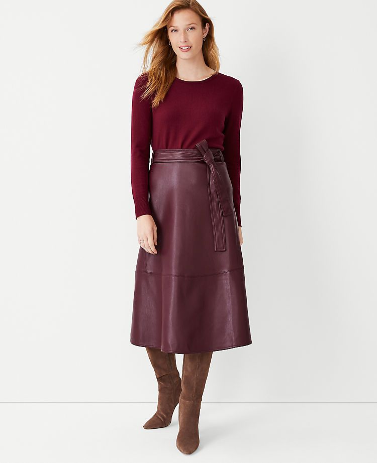 Seamed Faux Leather Tie Waist Midi Skirt | Ann Taylor (US)