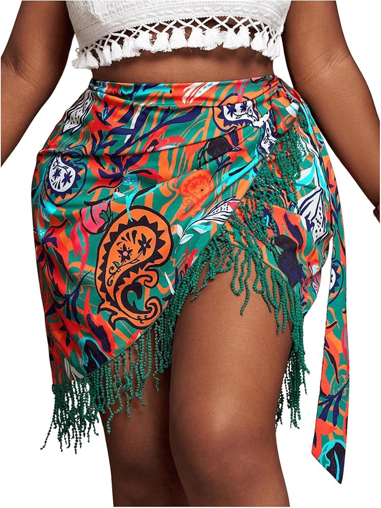 MakeMeChic Women's Plus Size Skirt Paisley Print Fringe Wrap Tie Side Boho Mini Beach Skirts | Amazon (US)