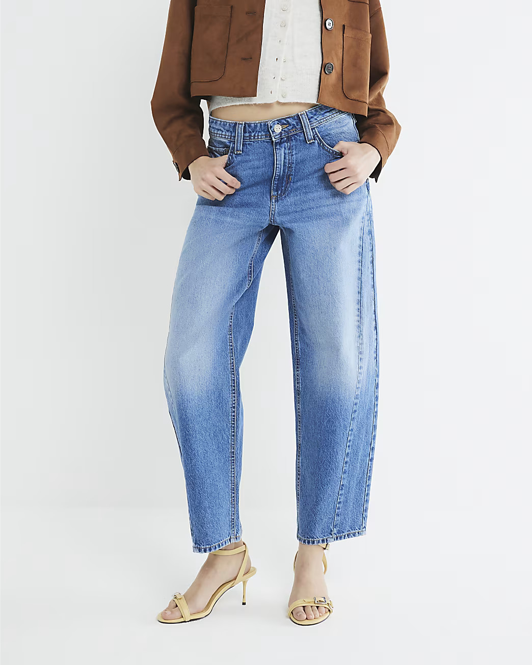 Blue Denim Seamed Barrel Jeans | River Island UK & IE