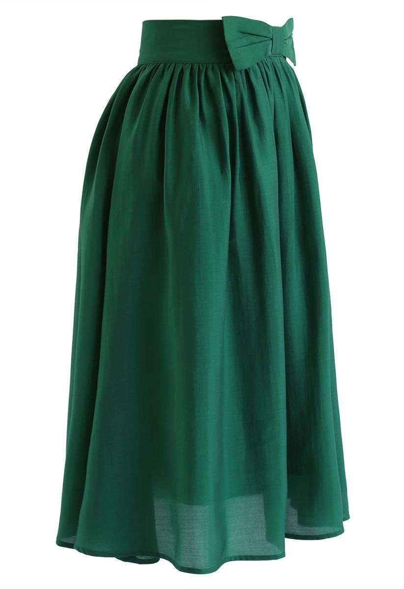 Bowknot Waist Pleated Midi Skirt in Emerald | Chicwish