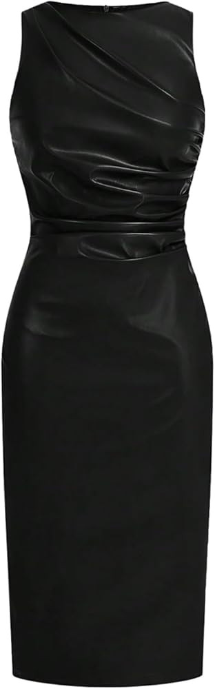 WDIRARA Women's PU Leather Ruched Sleeveless Slit Bodycon Midi Tank Dress | Amazon (US)