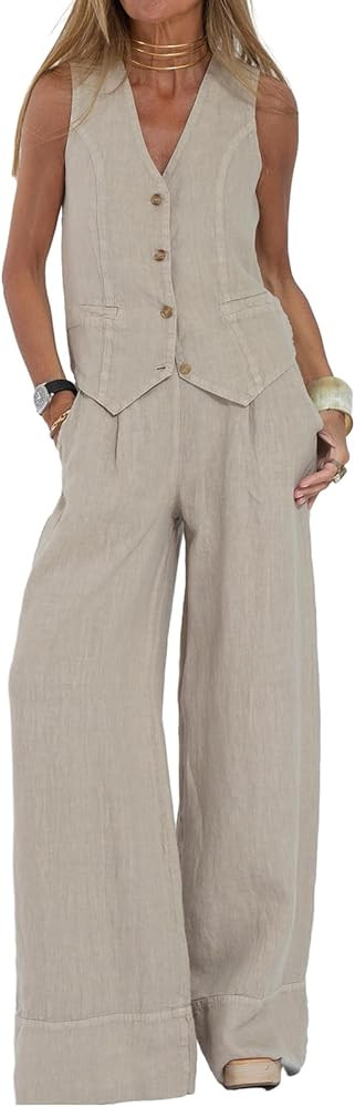 Awoscut Women 2 Piece Outfits Sweater Sets Solid Color Tank Tops and Wide Leg Pants Set Streetwea... | Amazon (US)