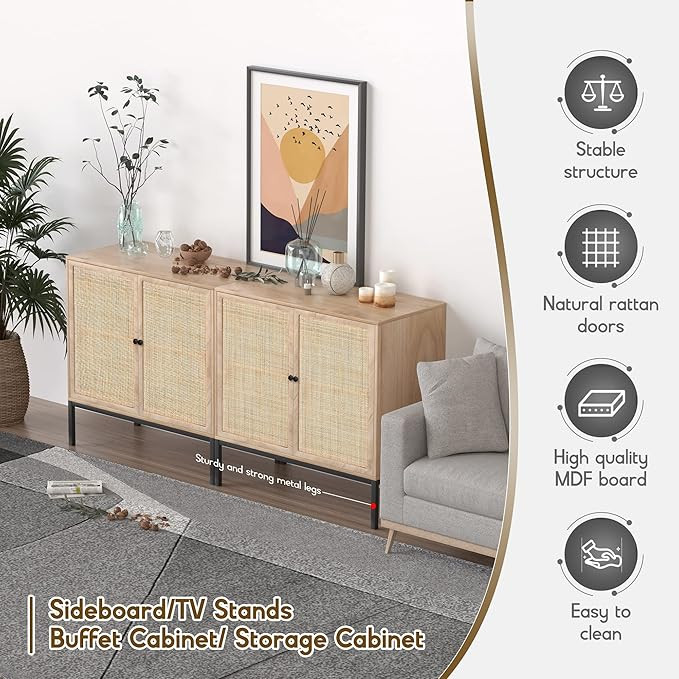 Amazon.com - Sideboard with Handmade Natural Rattan Doors, Rattan Cabinet Console Table Storage C... | Amazon (US)