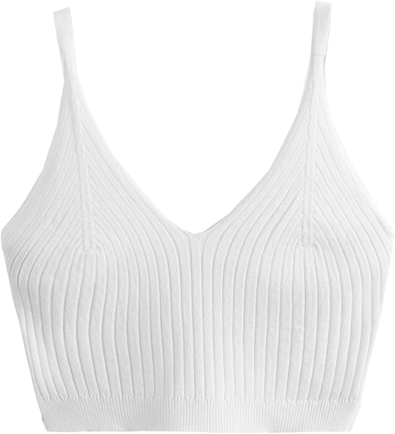 SweatyRocks Women's V Neck Crop Cami Top Ribbed Knit Spaghetti Strap Sleeveless Vest | Amazon (US)