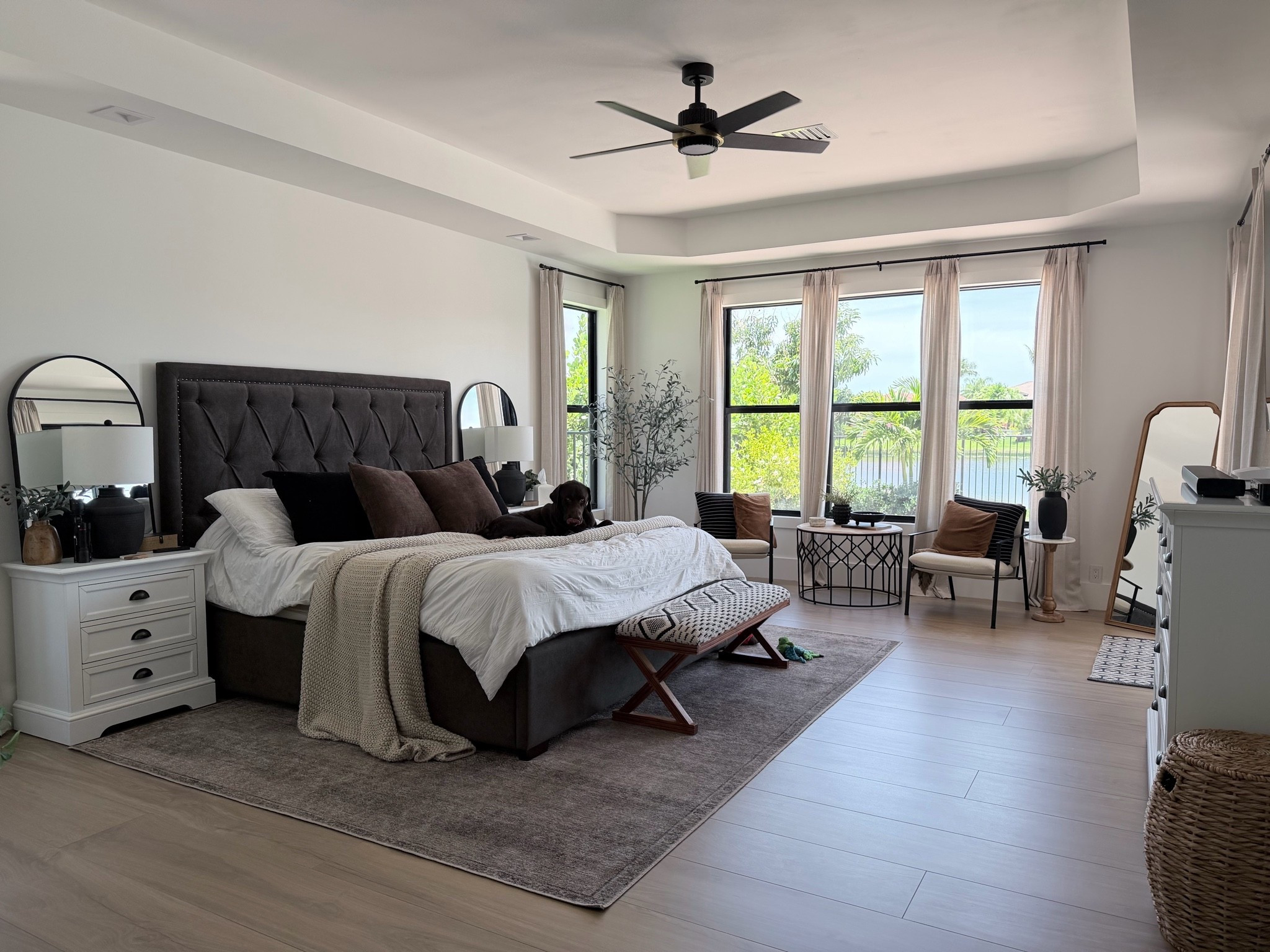 Master bedroom, primary bedroom, king bed rug, curtains