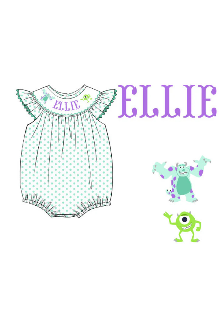 Pre-Order Hand Smocked Custom Name Monsters Mint Bubble | The Smocked Flamingo