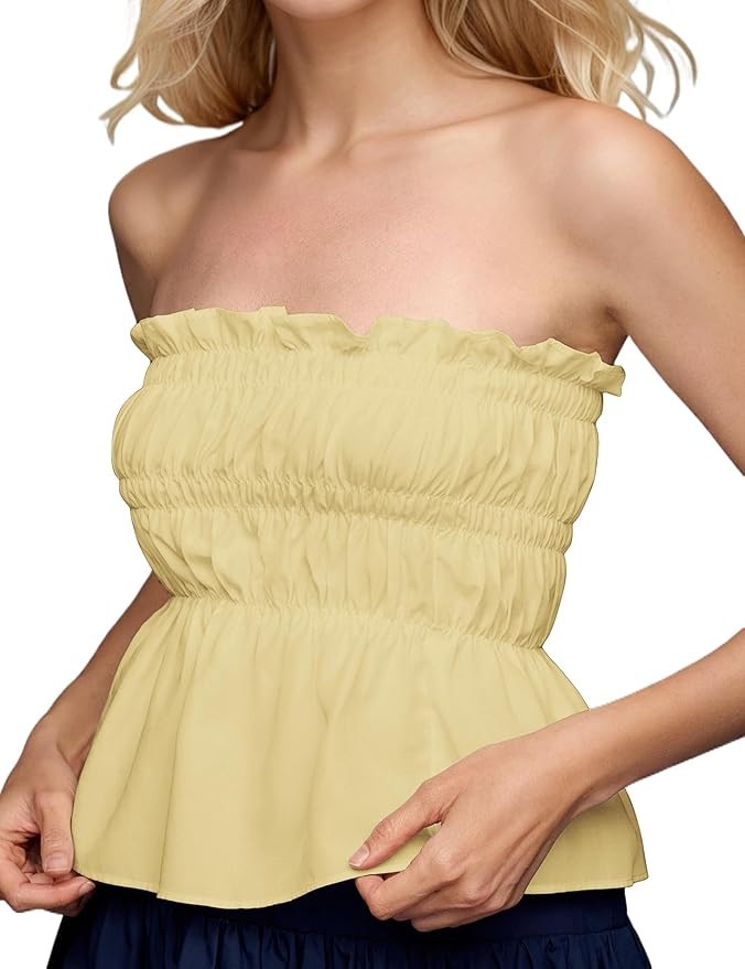 Womens Peplum Bandeau Tube Tops Sleeveless Strapless Ruffle Smocked Flowy Tank Blouse Solid Summe... | Amazon (US)