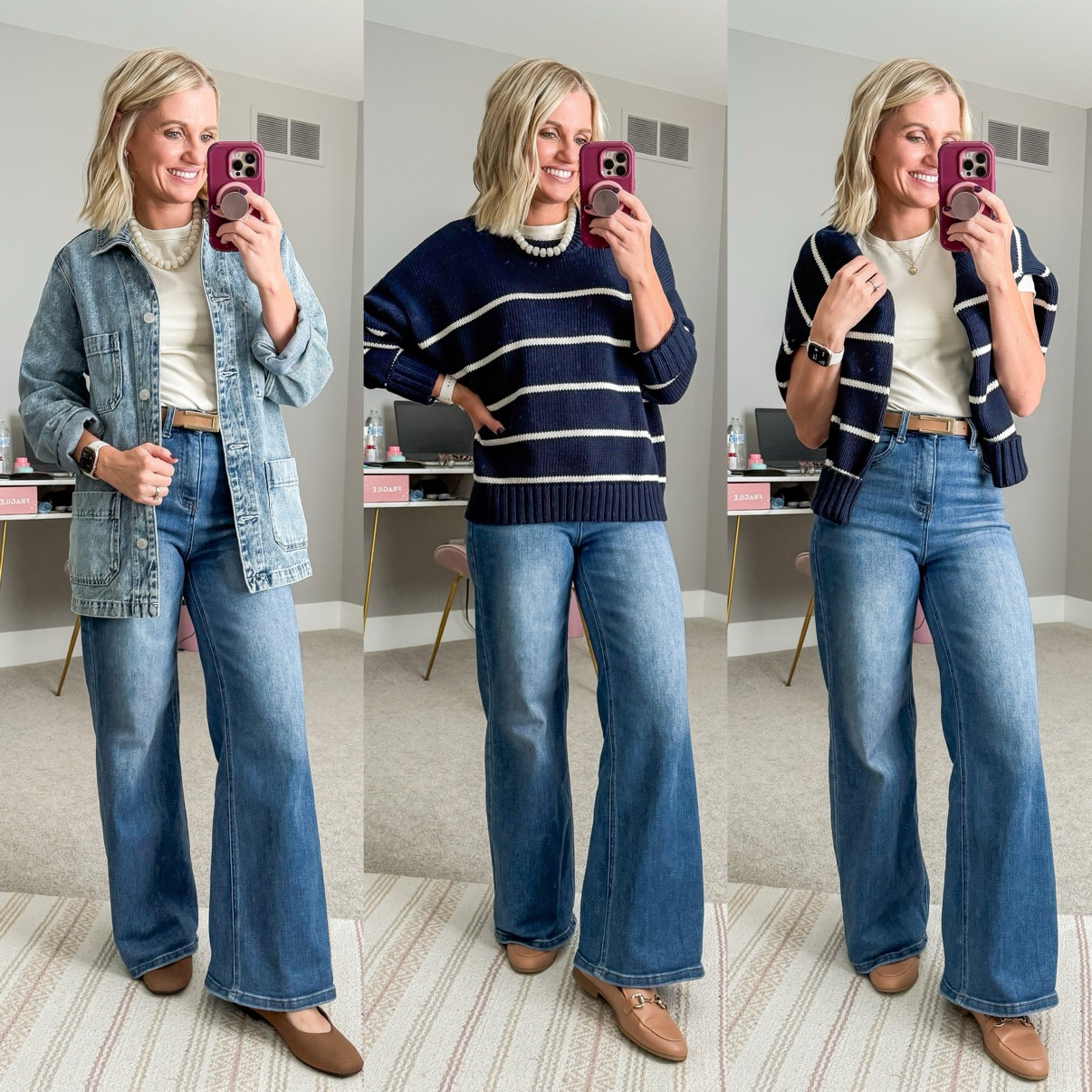Fall Capsule 2026 🍂 Three ways I'm styling my medium-wash wide-leg jeans! This is look 5 of 9 with this piece — my 20-piece capsule mixes and matches into 120 outfits. Which one is your favorite?! Shop the pieces on my LTK! 🤎 

 #fallcapsulewardrobe #capsulewardrobe #falloutfits #fallfashion #petitestyle #affordablefashion #ltkstyle #ltkfall

#LTKPetite #LTKootd #LTKOver40