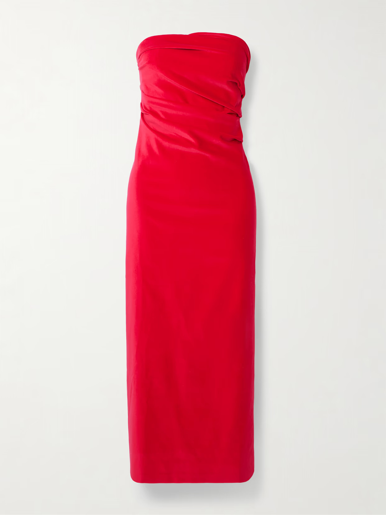 TOVE - Sabella Strapless Ruched Cotton-blend Velvet Midi Dress - Red | NET-A-PORTER (US)
