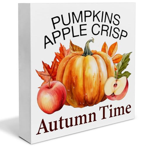 Pumpkin Apple Decor Fall Kitchen Decorations for Home Autumn Time Thanksgiving Wooden Sign Home Decor for Desk Table Shelf 5 x 5 Inches | Amazon (US)