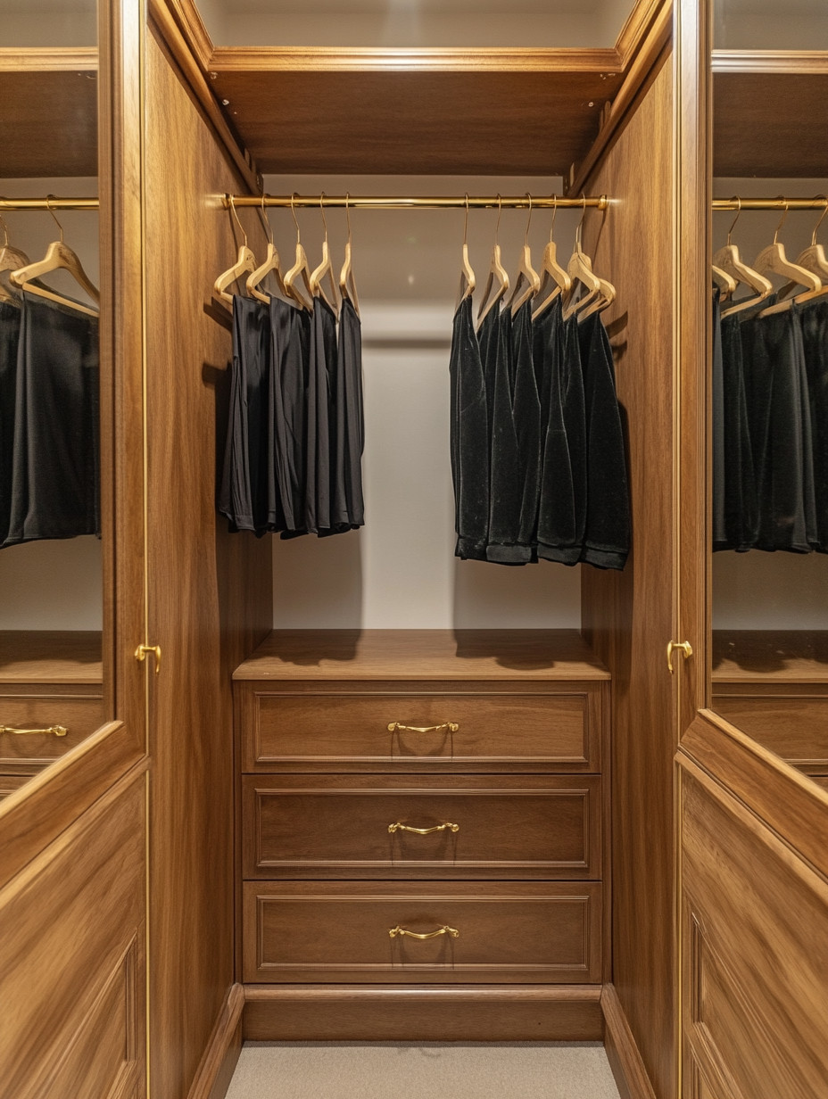 A beautiful walk-in closet is about more than just the clothes—it’s about creating a space that feels intentional, refined, and a pleasure to use every day. Gold hanging bars, wooden hangers with gold fixtures, and warm wood drawers instantly elevate the entire closet, turning storage into a design feature. The mix of natural wood and gold details brings a sense of quiet luxury and boutique-style elegance, making even the simplest wardrobe feel curated. If your closet is already built, a small upgrade like swapping in gold drawer handles can make a remarkable difference. These thoughtful details transform a functional closet into a space that feels polished, timeless, and effortlessly elevated.
#walkincloset #closetdesign #quietluxury 

 #LTKHome