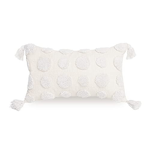 PLWORLD Boho White Lumbar Throw Pillow Cover 12x20 Inch with Tassels, Pom Pom Tufted Cream Chenille Fabric Small Accent Textured Cushion Case for Bed Couch, 1 PC Cover Only No Insert | Amazon (US)