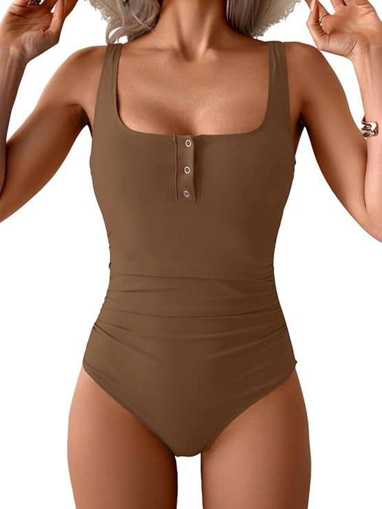 B2prity One Piece Swimsuit for Women Tummy Control Ruched Slimming Bathing Suit Button Full Cover... | Amazon (US)
